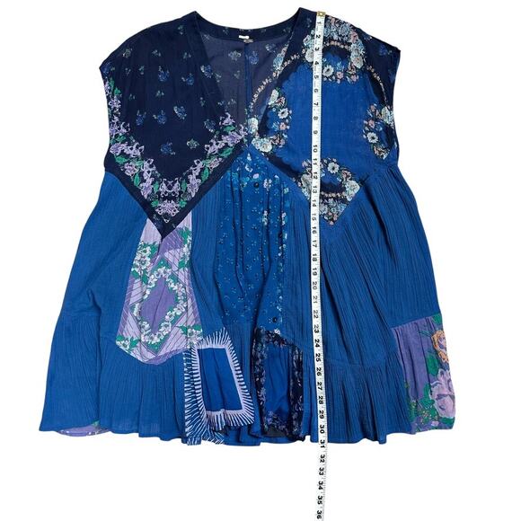 Free People XS Blue Boho Babydoll Mended With Scarves Festival Cotton Mini Dress - Picture 8 of 9